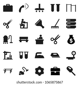 Flat vector icon set - scraper vector, vacuum cleaner, rake, iron, steaming, student, case, money bag, horizontal bar, big scales, vial, scissors, data, gear, bench, construction crane