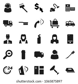 Flat vector icon set - scraper vector, vacuum cleaner, fetlock, car, window cleaning, steaming, agent, woman, dollar cursor, support, cargo search, mobile phone, hospital building, amkbulance, iron