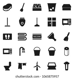 Flat vector icon set - scraper vector, broom, mop, bucket, sponge, towel, trash bin, welcome mat, toilet, drying clothes, shining window, paper, microwave oven, windmill, bath, epilator