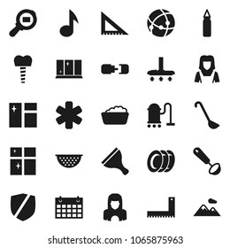 Flat vector icon set - scraper vector, vacuum cleaner, window cleaning, foam basin, plates, shining, woman, colander, ladle, corner ruler, music, punching bag, calendar, protected, cargo search