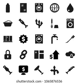 Flat vector icon set - scraper vector, water drop, car fetlock, window cleaning, toilet brush, washer, foam basin, shining, blender, dollar growth, medal, monitor, bottle, route, internet, chain