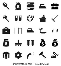 Flat vector icon set - scraper vector, vacuum cleaner, rake, iron, steaming, student, case, money bag, horizontal bar, big scales, vial, data, gear, 24 hour