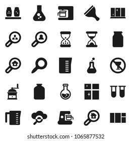 Flat vector icon set - scraper vector, shining window, measuring cup, hand mill, spices, jar, magnifier, flask, no alcohol sign, vial, sand clock, cloud glass, search estate, client, coffee maker