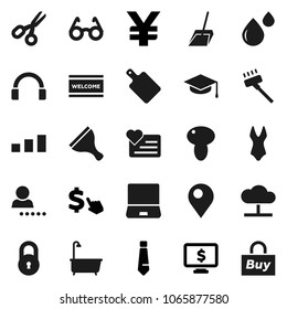 Flat vector icon set - scraper vector, vacuum cleaner, scoop, welcome mat, bath, cutting board, mushroom, graduate hat, glasses, scissors, tie, monitor dollar, cursor, yen sign, swimsuite, heart