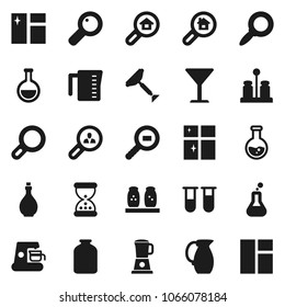 Flat vector icon set - scraper vector, window cleaning, shining, oil, measuring cup, spices, jug, jar, magnifier, flask, glass, cargo search, vial, sand clock, estate, client, coffee maker, blender