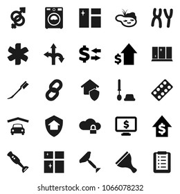 Flat vector icon set - scraper vector, car fetlock, window cleaning, toilet brush, washer, shining, blender, exchange, dollar growth, monitor, route, ambulance star, gender sign, pills blister, pond