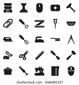 Flat vector icon set - scraper vector, fetlock, car, iron, pan, colander, measuring cup, whisk, spatula, meat hammer, double boiler, ruler, drawing compass, scissors, first aid kit, crutches, mouse