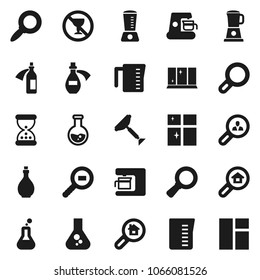 Flat vector icon set - scraper vector, shining window, oil, measuring cup, magnifier, flask, no alcohol sign, cargo search, sand clock, potion, estate, client, coffee maker, blender