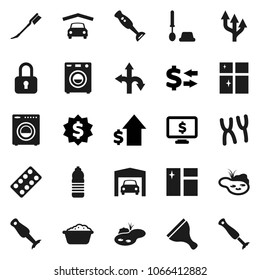 Flat vector icon set - scraper vector, car fetlock, window cleaning, toilet brush, foam basin, shining, blender, exchange, dollar growth, medal, monitor, water bottle, route, pills blister, arrow