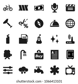 Flat vector icon set - scraper vector, water tap, shining, cleaning agent, dish, compass, personal information, cash, safe, bike, document, cinema clap, video camera, microphone, ambulance star, buy