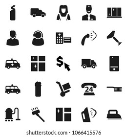 Flat vector icon set - scraper vector, vacuum cleaner, fetlock, window cleaning, steaming, agent, shining, woman, dollar cursor, phone 24, delivery, car, mobile, hospital building, amkbulance, iron