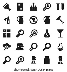 Flat vector icon set - scraper vector, window cleaning, shining, spices, jug, jar, magnifier, flask, no alcohol sign, glass, vial, potion, cloud, search estate, client, coffee maker, blender