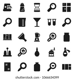 Flat vector icon set - scraper vector, window cleaning, shining, oil, measuring cup, hand mill, spices, jar, magnifier, glass, cargo search, vial, sand clock, potion, estate, coffee maker, blender