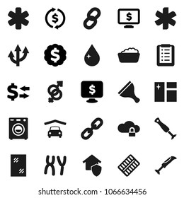 Flat vector icon set - scraper vector, water drop, window cleaning, foam basin, exchange, dollar medal, monitor, ambulance star, gender sign, pills blister, chromosomes, cloud lock, chain, garage