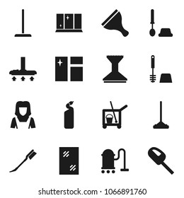 Flat vector icon set - scraper vector, cleaner trolley, vacuum, mop, car fetlock, window cleaning, toilet brush, agent, shining, woman