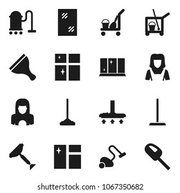Flat vector icon set - scraper vector, cleaner trolley, vacuum, mop, window cleaning, shining, woman