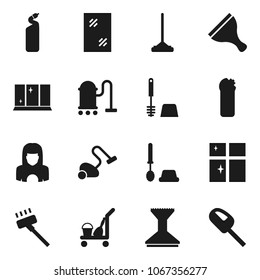 Flat vector icon set - scraper vector, cleaner trolley, vacuum, mop, car fetlock, window cleaning, toilet brush, agent, shining, woman