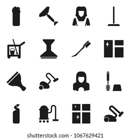 Flat vector icon set - scraper vector, cleaner trolley, vacuum, mop, car fetlock, window cleaning, toilet brush, agent, shining, woman
