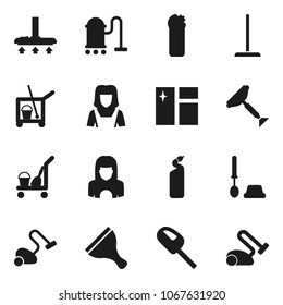 Flat vector icon set - scraper vector, cleaner trolley, vacuum, mop, window cleaning, toilet brush, agent, woman
