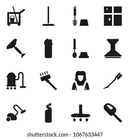Flat vector icon set - scraper vector, cleaner trolley, vacuum, mop, car fetlock, toilet brush, cleaning agent, shining window, woman