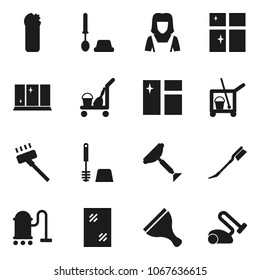 Flat vector icon set - scraper vector, cleaner trolley, vacuum, car fetlock, window cleaning, toilet brush, agent, shining, woman