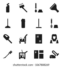 Flat vector icon set - scraper vector, cleaner trolley, vacuum, mop, car fetlock, window cleaning, toilet brush, agent, woman