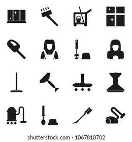 Flat vector icon set - scraper vector, cleaner trolley, vacuum, mop, car fetlock, toilet brush, shining window, woman