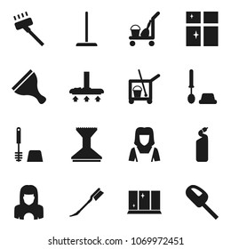 Flat vector icon set - scraper vector, cleaner trolley, vacuum, mop, car fetlock, toilet brush, cleaning agent, shining window, woman
