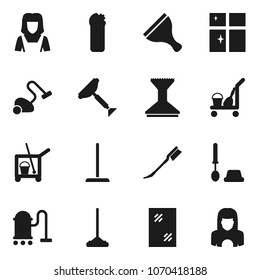 Flat vector icon set - scraper vector, cleaner trolley, vacuum, mop, car fetlock, window cleaning, toilet brush, agent, shining, woman