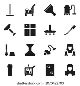 Flat vector icon set - scraper vector, cleaner trolley, vacuum, mop, car fetlock, window cleaning, toilet brush, agent, shining, woman
