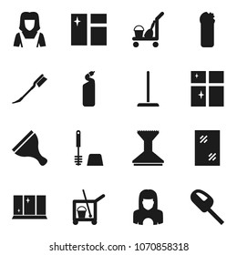 Flat vector icon set - scraper vector, cleaner trolley, mop, car fetlock, window cleaning, toilet brush, agent, shining, woman, vacuum