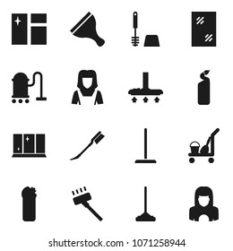 Flat vector icon set - scraper vector, cleaner trolley, vacuum, mop, car fetlock, window cleaning, toilet brush, agent, shining, woman