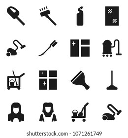 Flat vector icon set - scraper vector, cleaner trolley, vacuum, mop, car fetlock, window cleaning, agent, shining, woman