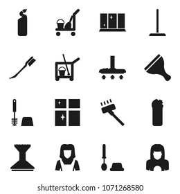 Flat vector icon set - scraper vector, cleaner trolley, vacuum, mop, car fetlock, toilet brush, cleaning agent, shining window, woman