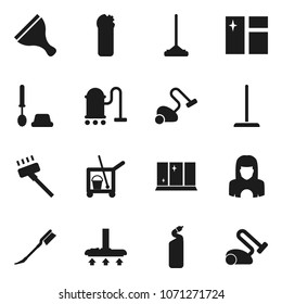 Flat vector icon set - scraper vector, cleaner trolley, vacuum, mop, car fetlock, window cleaning, toilet brush, agent, shining, woman