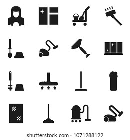 Flat vector icon set - scraper vector, cleaner trolley, vacuum, mop, window cleaning, toilet brush, agent, shining, woman