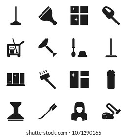 Flat vector icon set - scraper vector, cleaner trolley, vacuum, mop, car fetlock, window cleaning, toilet brush, agent, shining, woman