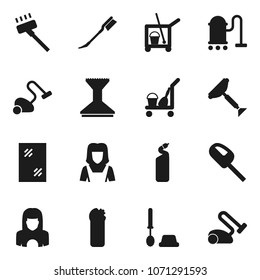 Flat vector icon set - scraper vector, cleaner trolley, vacuum, car fetlock, window cleaning, toilet brush, agent, woman