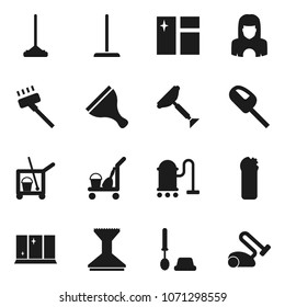 Flat vector icon set - scraper vector, cleaner trolley, vacuum, mop, car fetlock, window cleaning, toilet brush, agent, shining, woman