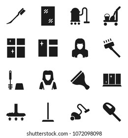 Flat vector icon set - scraper vector, cleaner trolley, vacuum, mop, car fetlock, window cleaning, toilet brush, shining, woman
