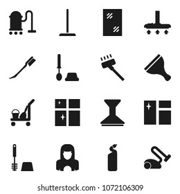 Flat vector icon set - scraper vector, cleaner trolley, vacuum, mop, car fetlock, window cleaning, toilet brush, agent, shining, woman