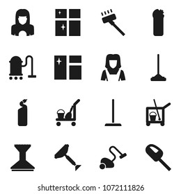 Flat vector icon set - scraper vector, cleaner trolley, vacuum, mop, car fetlock, window cleaning, agent, shining, woman