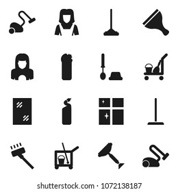 Flat vector icon set - scraper vector, cleaner trolley, vacuum, mop, window cleaning, toilet brush, agent, shining, woman