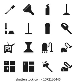Flat vector icon set - scraper vector, cleaner trolley, vacuum, mop, car fetlock, window cleaning, toilet brush, agent, shining