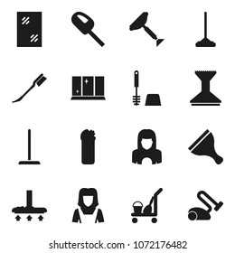 Flat vector icon set - scraper vector, cleaner trolley, vacuum, mop, car fetlock, window cleaning, toilet brush, agent, shining, woman