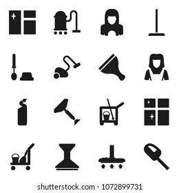 Flat vector icon set - scraper vector, cleaner trolley, vacuum, mop, car fetlock, window cleaning, toilet brush, agent, shining, woman