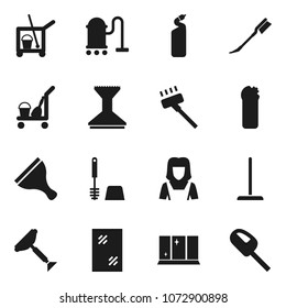 Flat vector icon set - scraper vector, cleaner trolley, vacuum, mop, car fetlock, window cleaning, toilet brush, agent, shining, woman