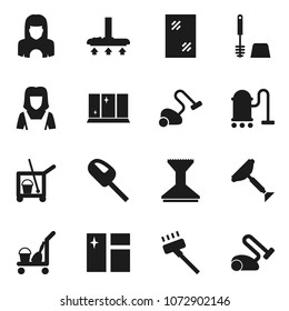 Flat vector icon set - scraper vector, cleaner trolley, vacuum, car fetlock, window cleaning, toilet brush, shining, woman