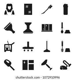 Flat vector icon set - scraper vector, cleaner trolley, vacuum, mop, car fetlock, window cleaning, toilet brush, agent, shining, woman