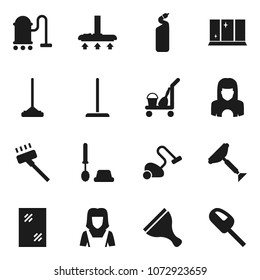 Flat vector icon set - scraper vector, cleaner trolley, vacuum, mop, window cleaning, toilet brush, agent, shining, woman